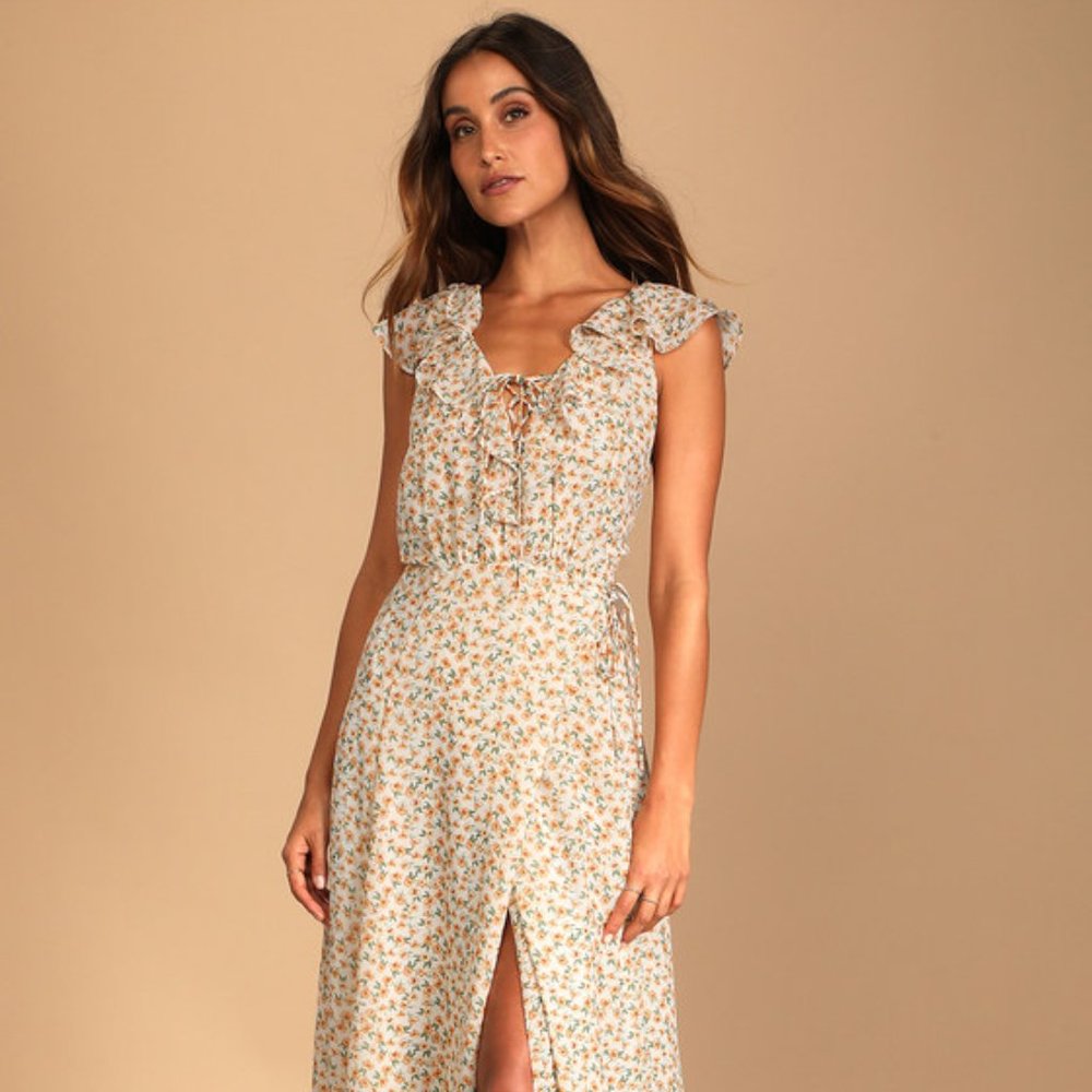 Lulus Ivory Floral Print Ruffle Wrap Dress